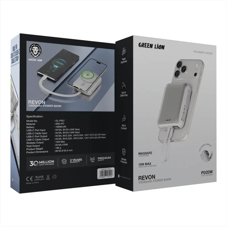 پاور بانک بی سیم فست شارژ گرین لاین Revon GL-PX57 GNRVN10PB PD 22.5W ظرفیت 10000 میلی آمپر